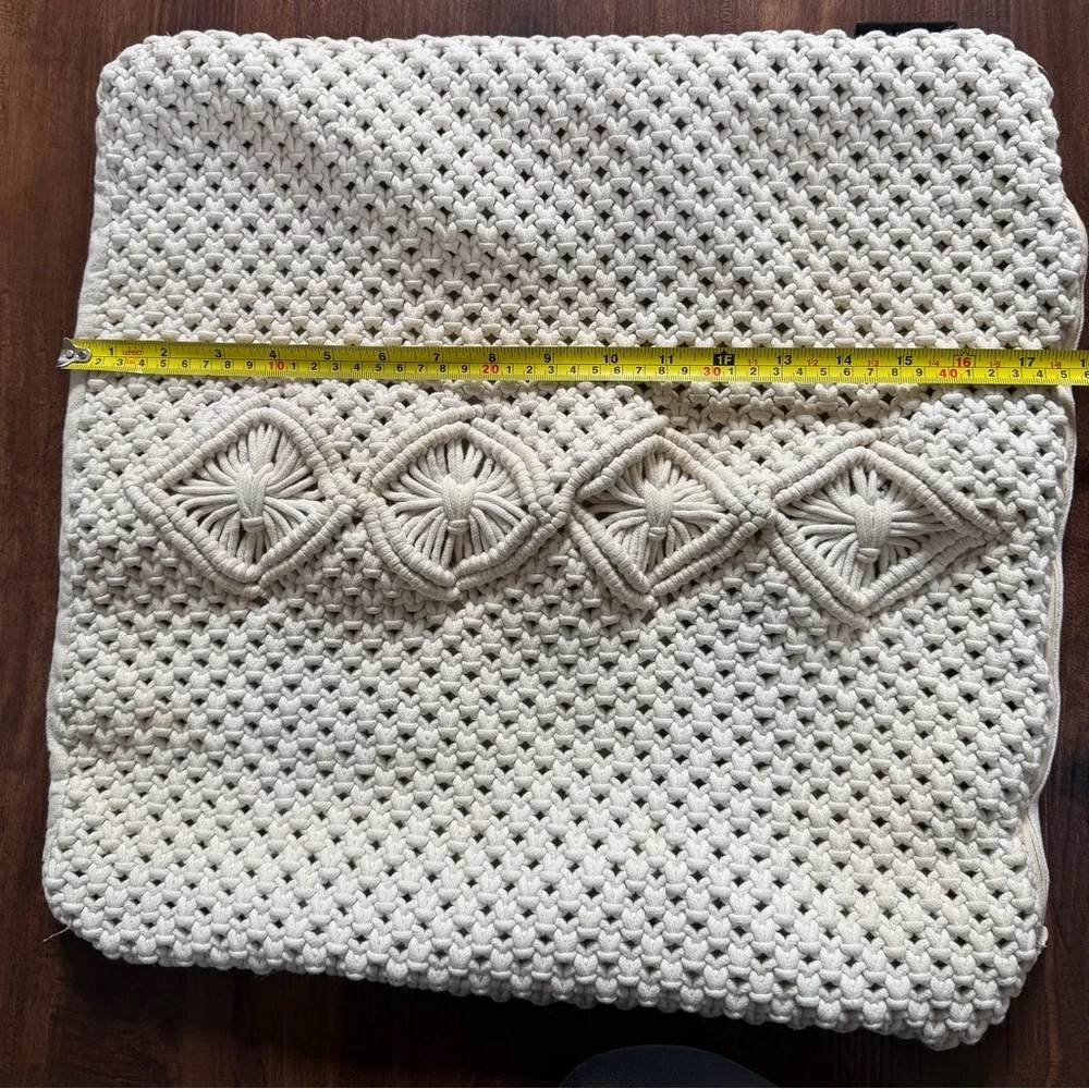 Tahari Home Macrame Pillow Cover Cream 17x17 Boho Textured Diamond Knot Cushion